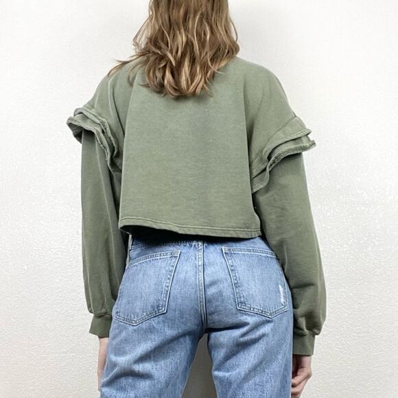 7 For All Mankind Green Ruffled Shoulder Cropped Sweatshirt - Picture 2 of 8